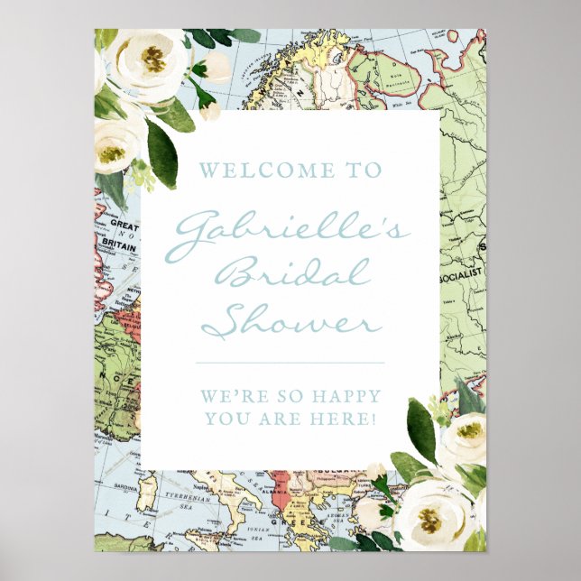 Affiche Panneau de bienvenue de mariage Floral Map Travel  (Devant)