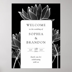 Affiche Panneau de bienvenue de mariage floral noir et bla