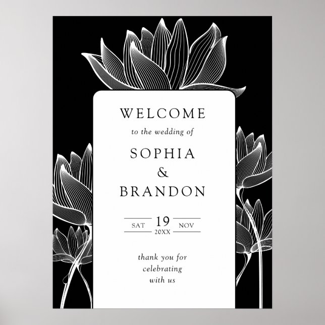 Affiche Panneau de bienvenue de mariage floral noir et bla (Devant)
