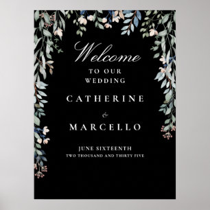 Affiche Panneau de bienvenue de mariage floral noir et bla