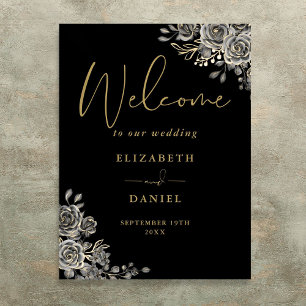 Affiche Panneau de bienvenue de mariage floral noir et or