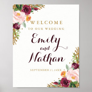Affiche Panneau de Bienvenue de Mariage Floral Pailleté Bo