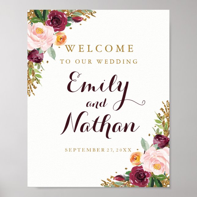 Affiche Panneau de Bienvenue de Mariage Floral Pailleté Bo (Devant)