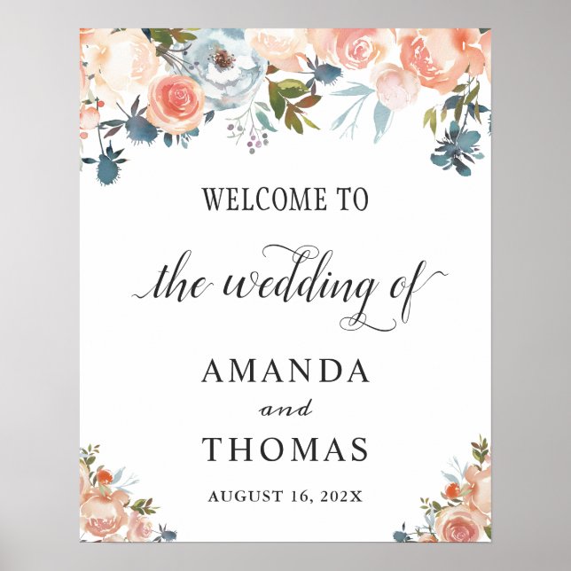 Affiche Panneau de bienvenue de mariage floral pêche autom (Devant)