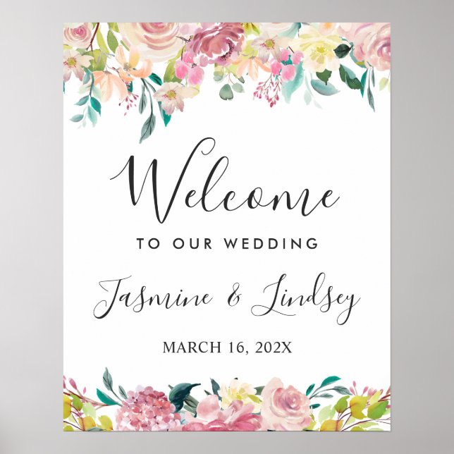 Affiche Panneau de bienvenue de mariage floral rose (Devant)