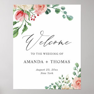 Affiche Panneau de bienvenue de mariage floral rose aquare