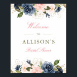 Affiche panneau de bienvenue de mariage floral rose et ble<br><div class="desc">Un design floral avec de belles fleurs aquarelles rose et bleu marine. Le texte et les couleurs sur ce panneau peuvent être modifiés.</div>