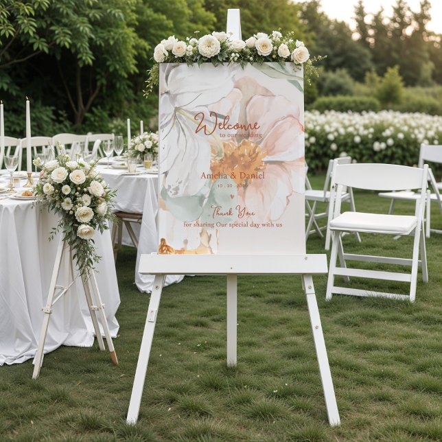 Affiche Panneau de bienvenue de mariage | Floral rose pêch (Wedding Welcome Sign | Blush Peach Floral )