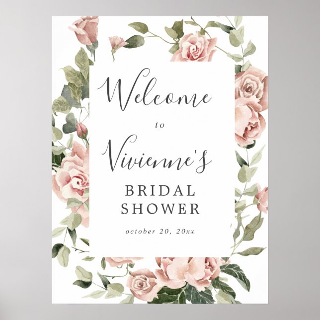 Affiche Panneau de bienvenue de mariage floral rose poussi (Devant)