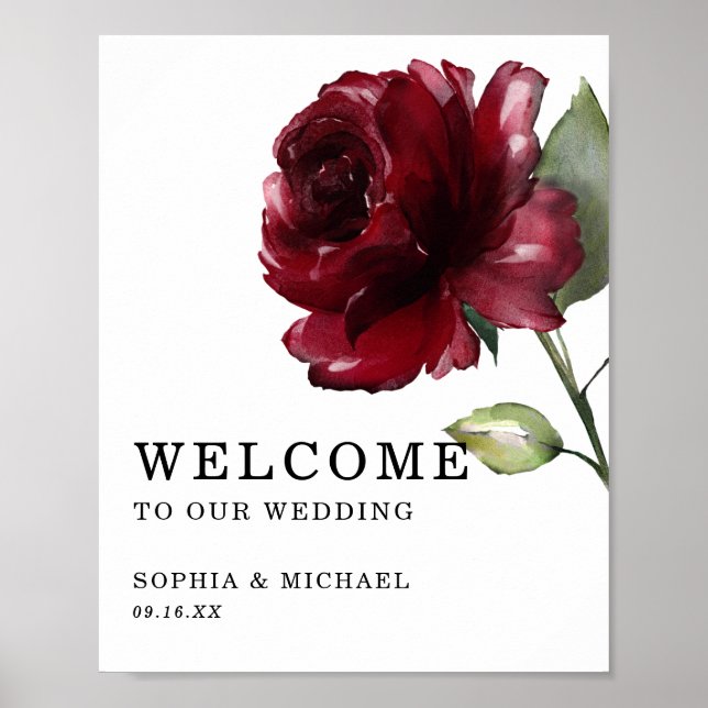 Affiche Panneau de bienvenue de mariage floral rose rouge  (Devant)