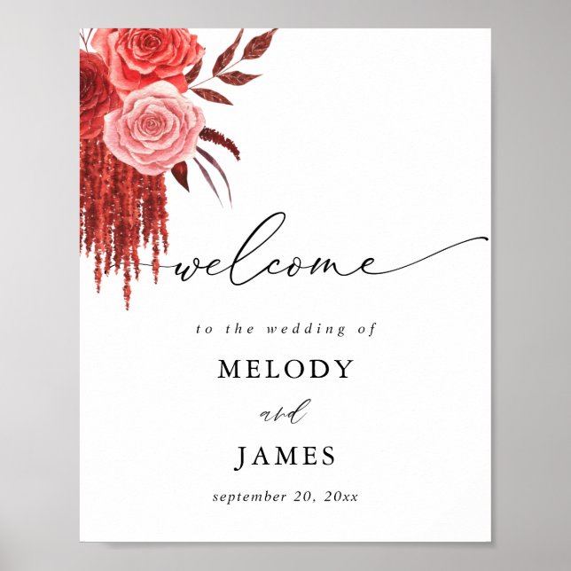 Affiche Panneau de bienvenue de mariage floral rouge (Devant)