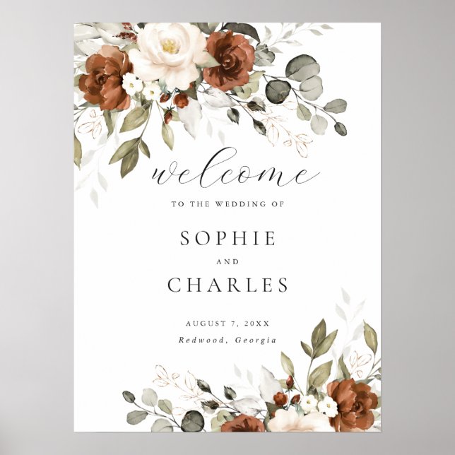 Affiche Panneau de bienvenue de mariage floral rouille crè (Devant)