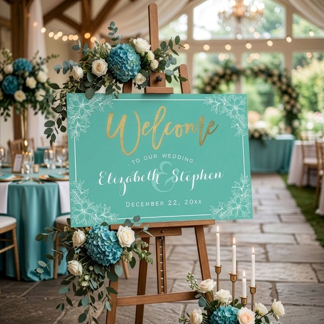Affiche Panneau de bienvenue de mariage floral sarcelle et (Créateur téléchargé)