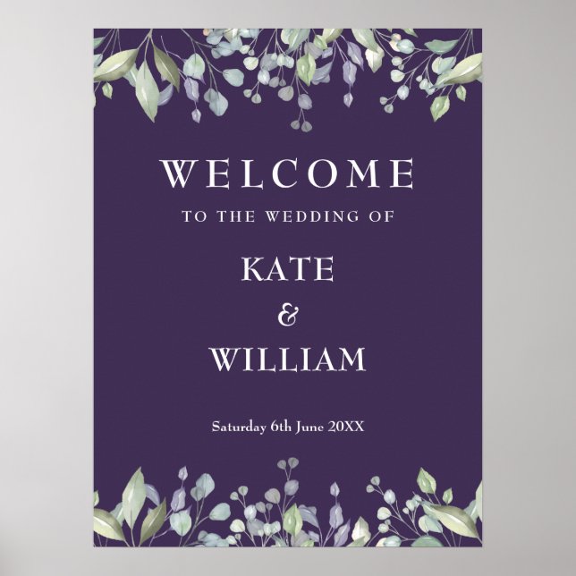 Affiche Panneau de bienvenue de mariage floral verdure vio (Devant)