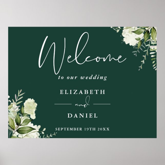 Affiche Panneau de bienvenue de mariage floral vert émerau (Devant)