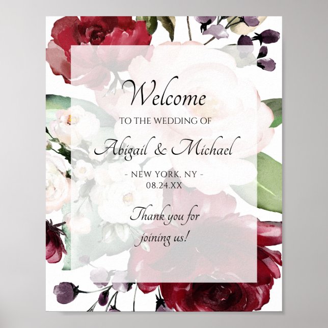 Affiche Panneau de bienvenue de mariage floral violet pêch (Devant)