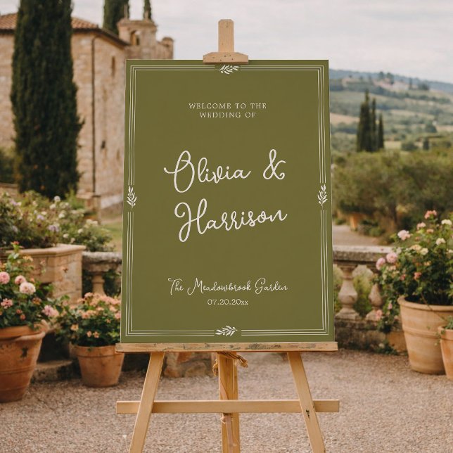 Affiche Panneau de bienvenue de mariage formel vert olive (Créateur téléchargé)