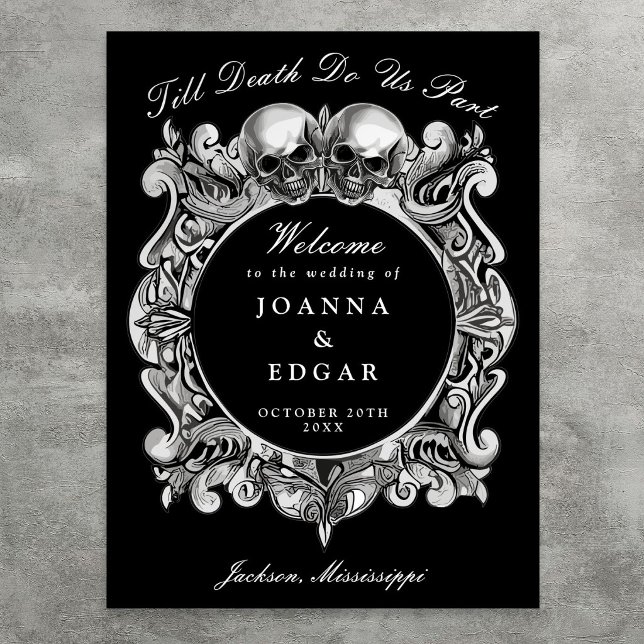 Affiche Panneau de bienvenue de mariage gothique crânes no (Black And White Skulls Gothic Wedding Welcome Sign)