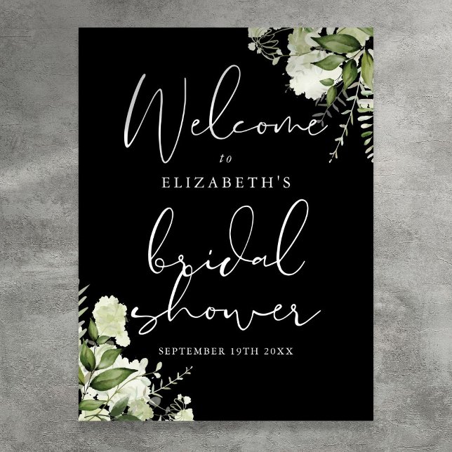 Affiche Panneau de bienvenue de mariage Greenery noir et b (Greenery Black White Bridal Shower Welcome Sign)