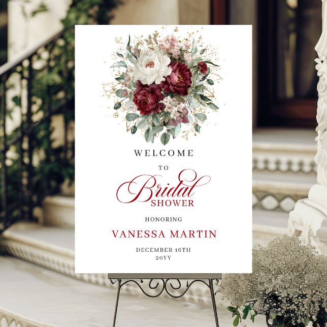 Affiche Panneau de Bienvenue de Mariage Marsala Floral Euc (Marsala Floral Eucalyptus Gold Bridal Welcome Sign

)
