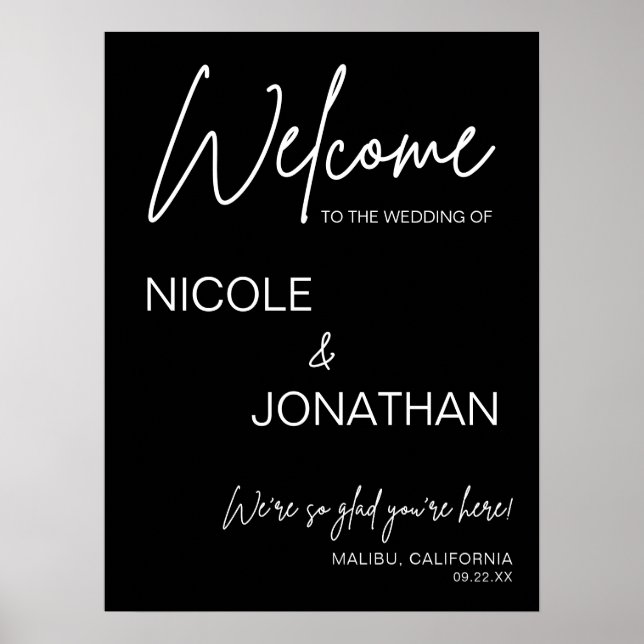 Affiche Panneau de bienvenue de mariage moderne noir impri (Devant)