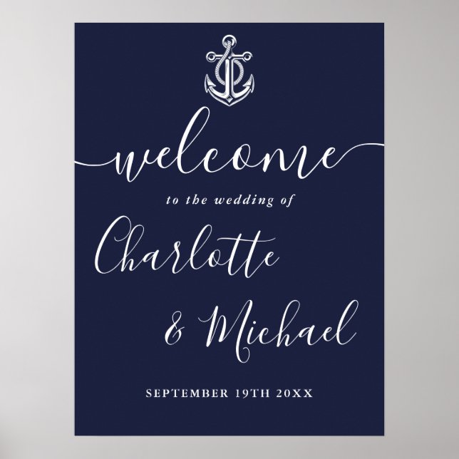 Affiche Panneau de bienvenue de mariage nautique à l'ancre (Devant)