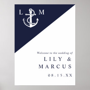Affiche Panneau de bienvenue de mariage nautique bleu mari