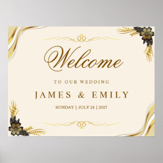 Affiche Panneau de bienvenue de mariage noir et or élégant