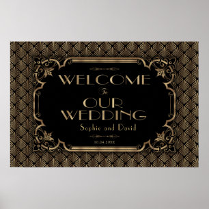 Affiche Panneau de bienvenue de mariage noir or glamour