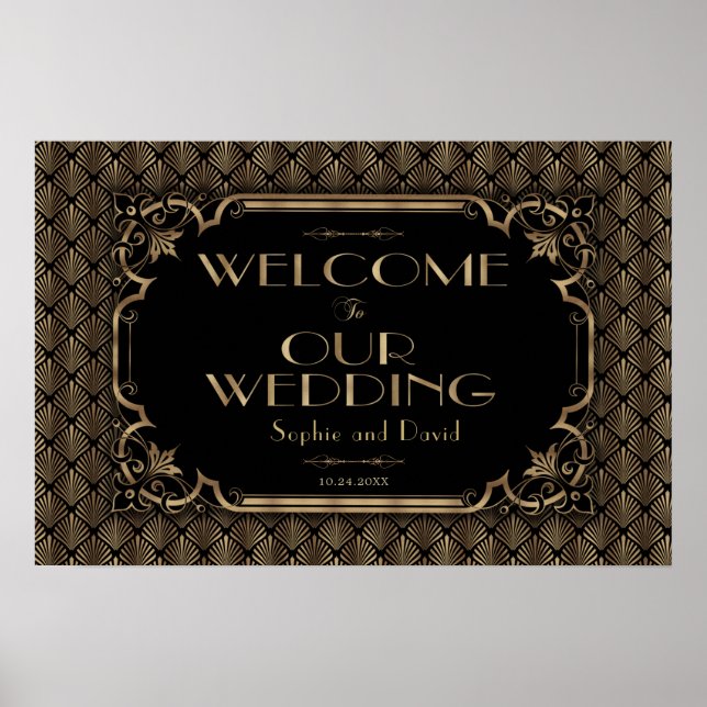 Affiche Panneau de bienvenue de mariage noir or glamour (Devant)