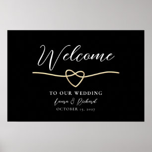 Affiche Panneau de Bienvenue de Mariage Or Romantique Noir