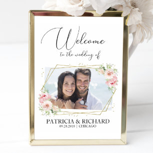 Affiche Panneau de bienvenue de mariage photo floral rose