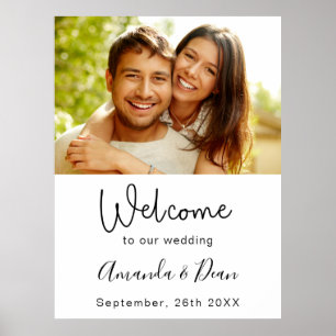 Affiche Panneau de bienvenue de mariage photo script blanc