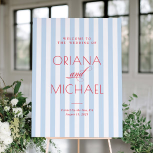 Affiche Panneau de bienvenue de mariage rayé bleu avec pol