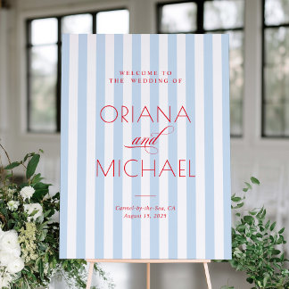 Affiche Panneau de bienvenue de mariage rayé bleu avec pol