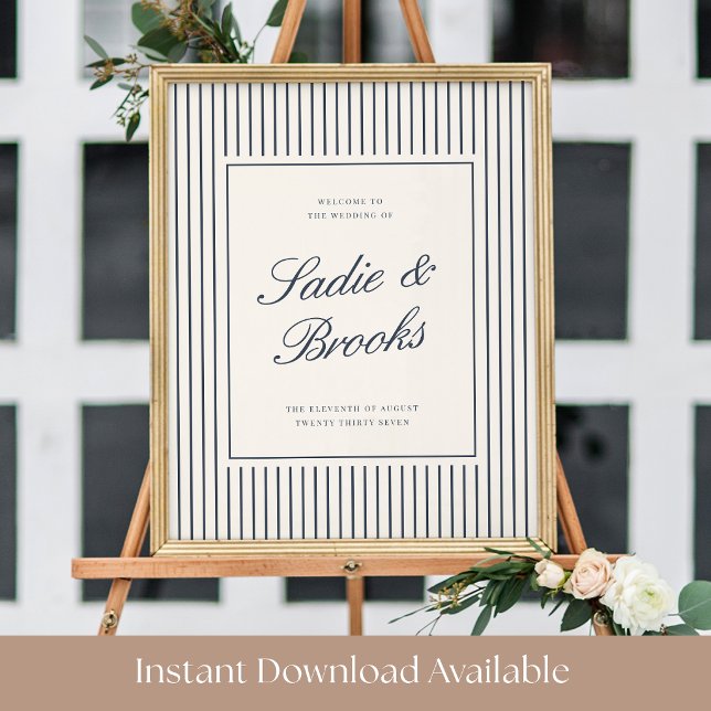 Affiche Panneau de bienvenue de mariage rayé Navy & Crème (Créateur téléchargé)