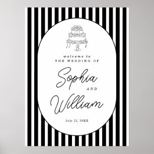 Affiche Panneau de bienvenue de mariage rayé noir et blanc