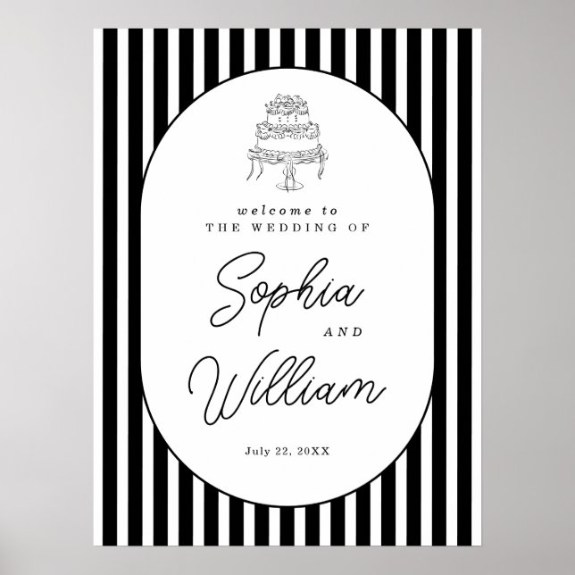 Affiche Panneau de bienvenue de mariage rayé noir et blanc (Devant)