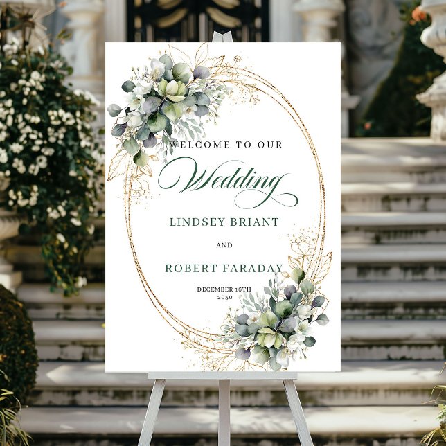 Affiche Panneau de bienvenue de mariage romantique vert et (Romantic Green and Gold Wedding Welcome Sign)