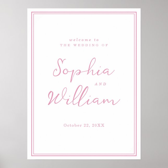 Affiche Panneau de bienvenue de mariage rose chic et prépp (Devant)
