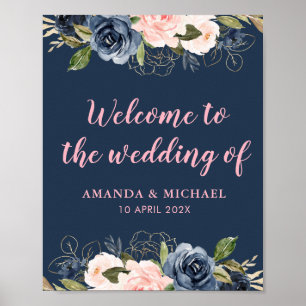 Affiche panneau de bienvenue de mariage rose fleur de navi