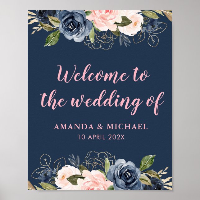 Affiche panneau de bienvenue de mariage rose fleur de navi (Devant)