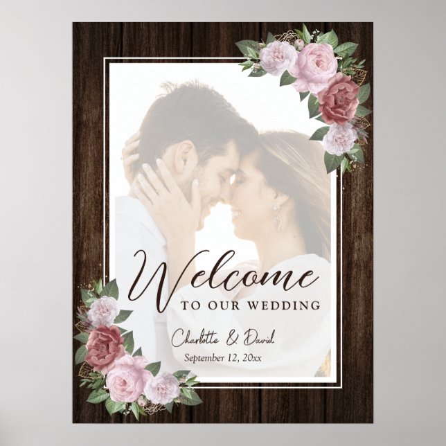 Affiche Panneau de bienvenue de mariage rose pâle rustique (Devant)