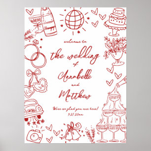 Affiche Panneau de bienvenue de mariage rouge fantaisiste 
