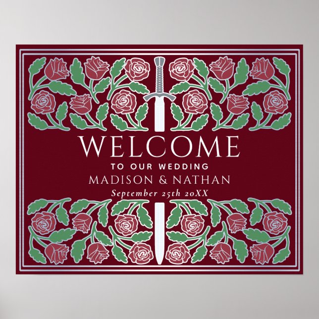 Affiche Panneau de bienvenue de mariage royal floral épée  (Devant)