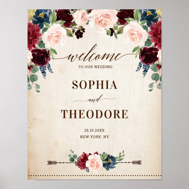 Affiche Panneau de bienvenue de mariage rustique floral ma (Devant)