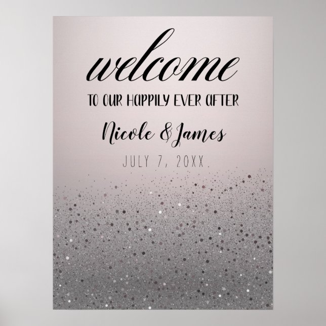 Affiche Panneau de bienvenue de mariage scintillant argent (Devant)