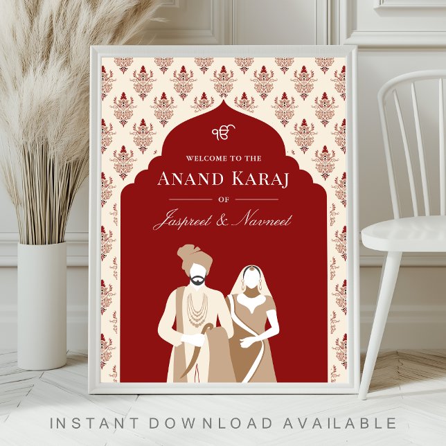 Affiche Panneau de bienvenue de mariage sikh Red Cream Ana (Créateur téléchargé)