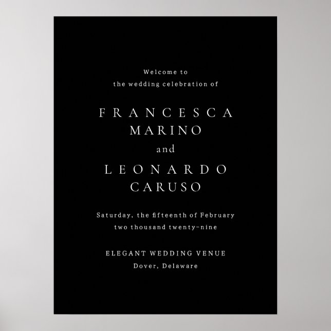 Affiche Panneau de bienvenue de mariage simple noir classi (Devant)