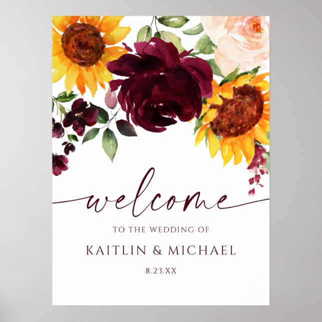 Affiche Panneau de bienvenue de mariage Sunflowers Burgund (Devant)